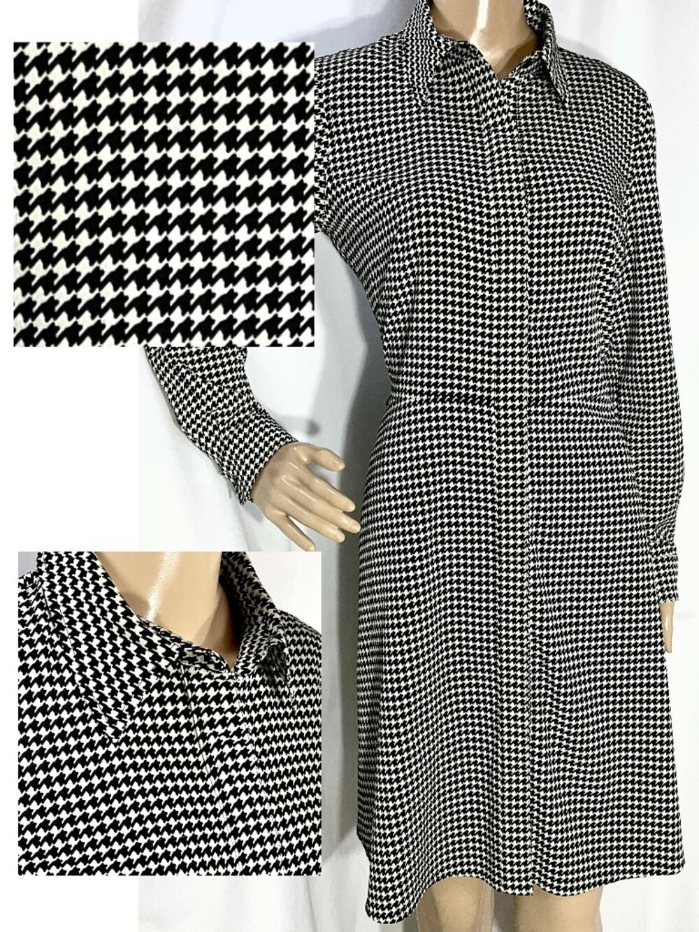 Lauren Ralph Lauren Sz 8 Petite Houndstooth Long Sleeve Knee Length Dress